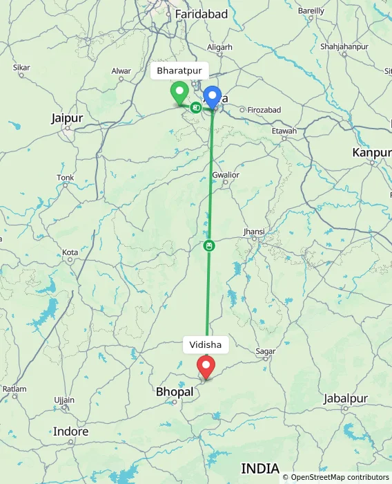 Route map showing distance and travel time from Bharatpur, India to Vidisha, India