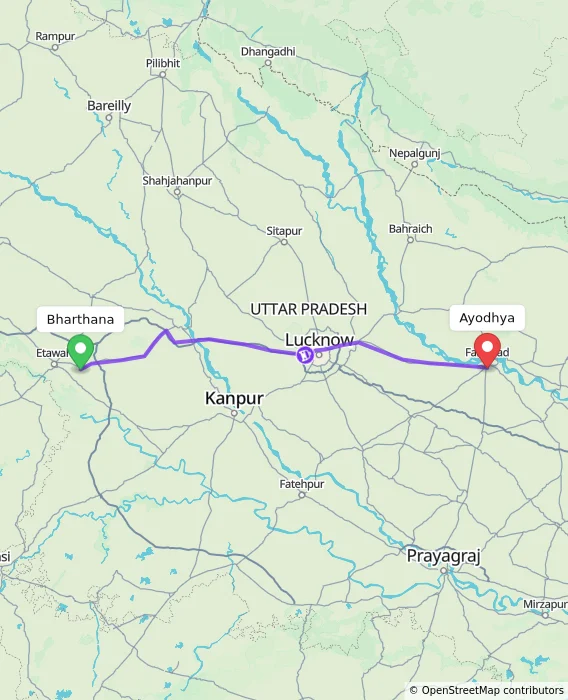 Route map showing distance and travel time from Bharthana, India to Ayodhya, India