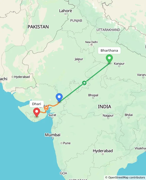 Route map showing distance and travel time from Bharthana, India to Dhari, India