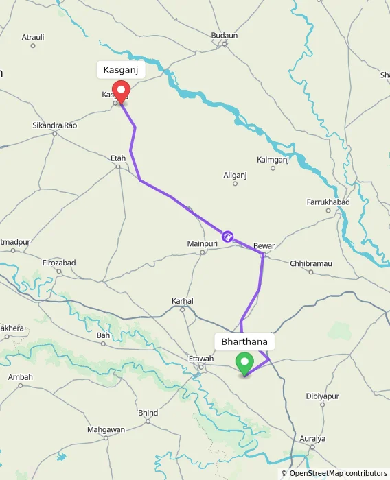 Route map showing distance and travel time from Bharthana, India to Kasganj, India