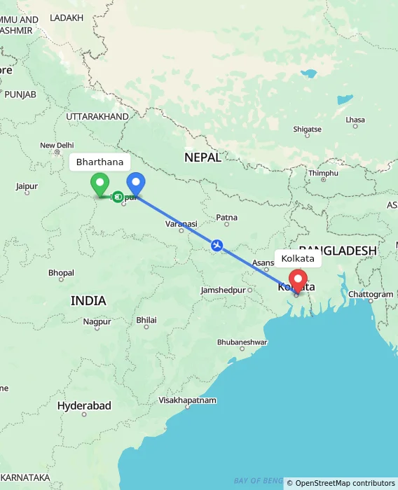 Route map showing distance and travel time from Bharthana, India to Kolkata, India