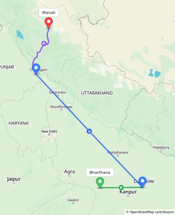 Route map showing distance and travel time from Bharthana, India to Manali, India