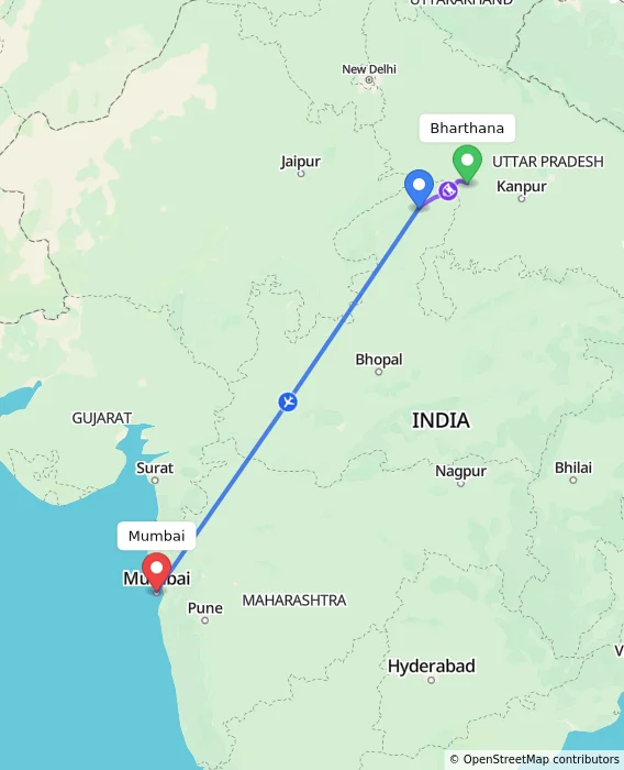 Route map showing distance and travel time from Bharthana, India to Mumbai, India