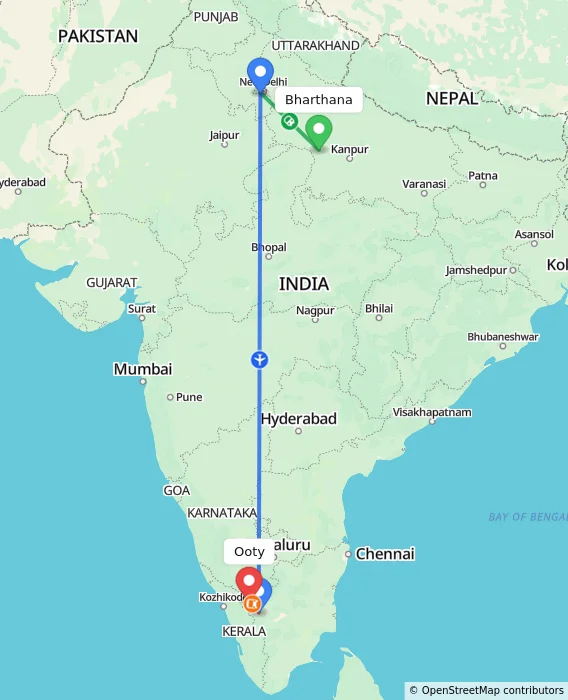 Route map showing distance and travel time from Bharthana, India to Ooty, India