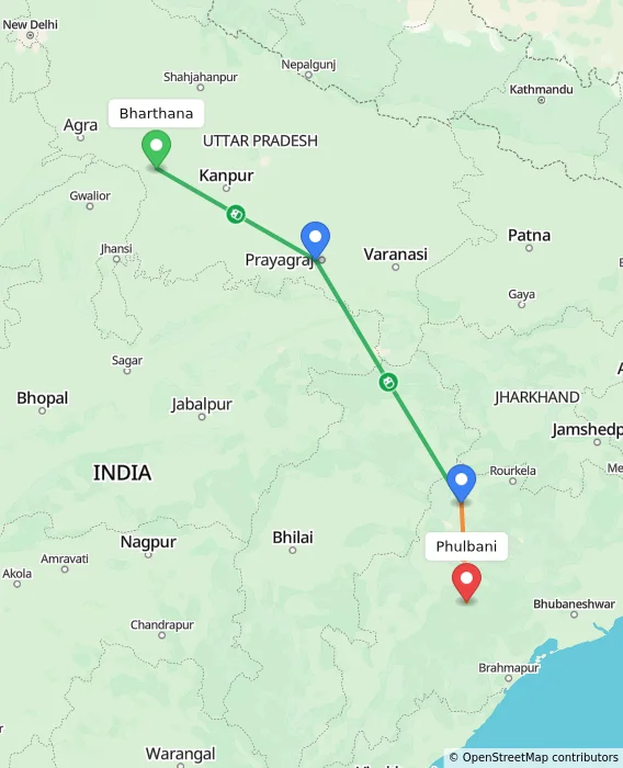 Route map showing distance and travel time from Bharthana, India to Phulbani, India