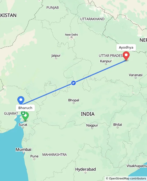 Route map showing distance and travel time from Bharuch, India to Ayodhya, India