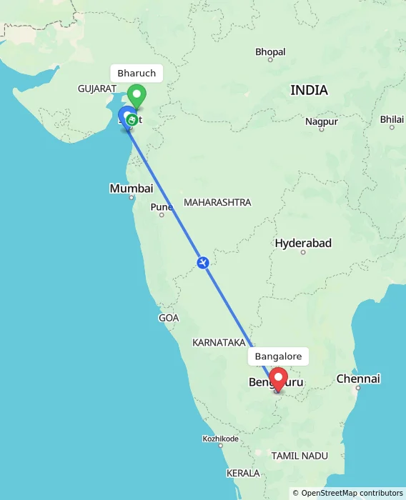 Route map showing distance and travel time from Bharuch, India to Bangalore, India