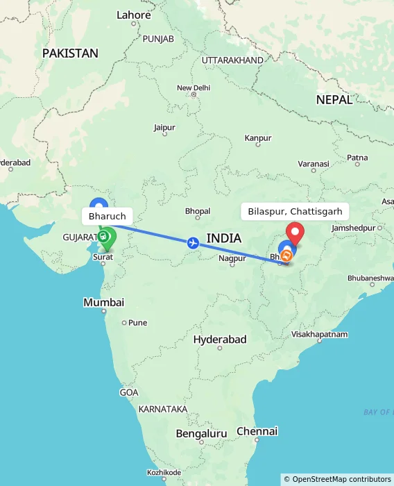 Route map showing distance and travel time from Bharuch, India to Bilaspur, Chattisgarh, India