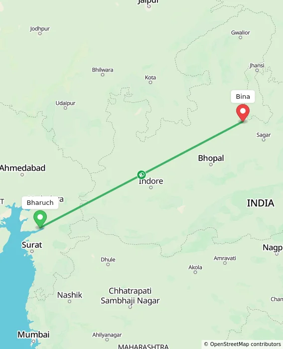 Route map showing distance and travel time from Bharuch, India to Bina, India