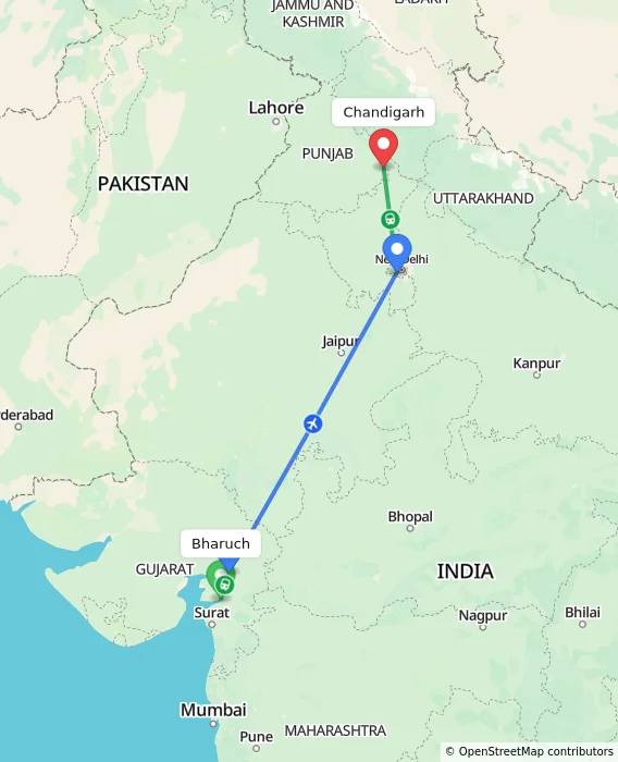 Route map showing distance and travel time from Bharuch, India to Chandigarh, India