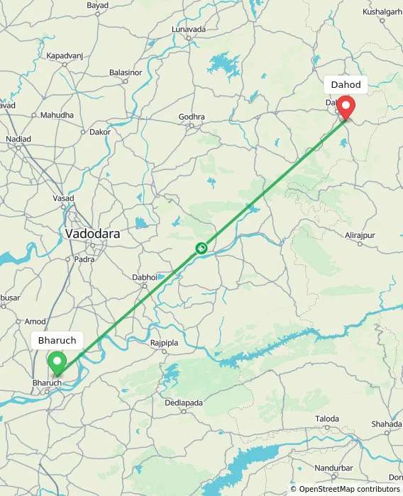 Route map showing distance and travel time from Bharuch, India to Dahod, India