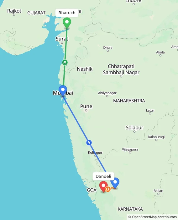 Route map showing distance and travel time from Bharuch, India to Dandeli, India