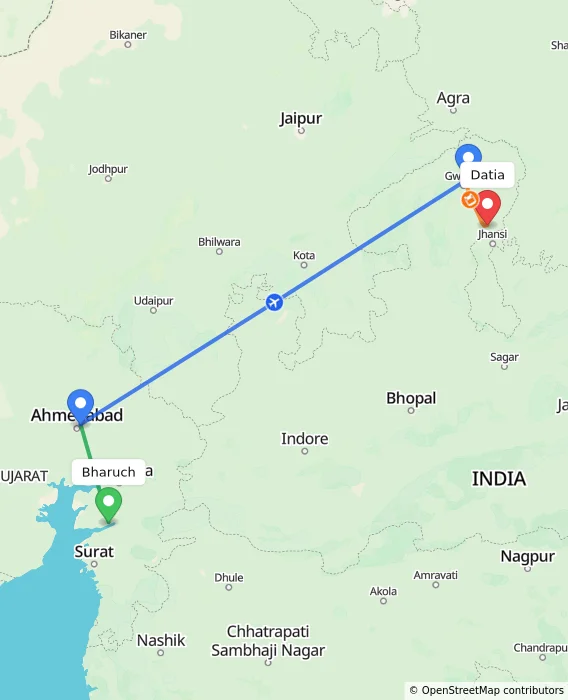 Route map showing distance and travel time from Bharuch, India to Datia, India