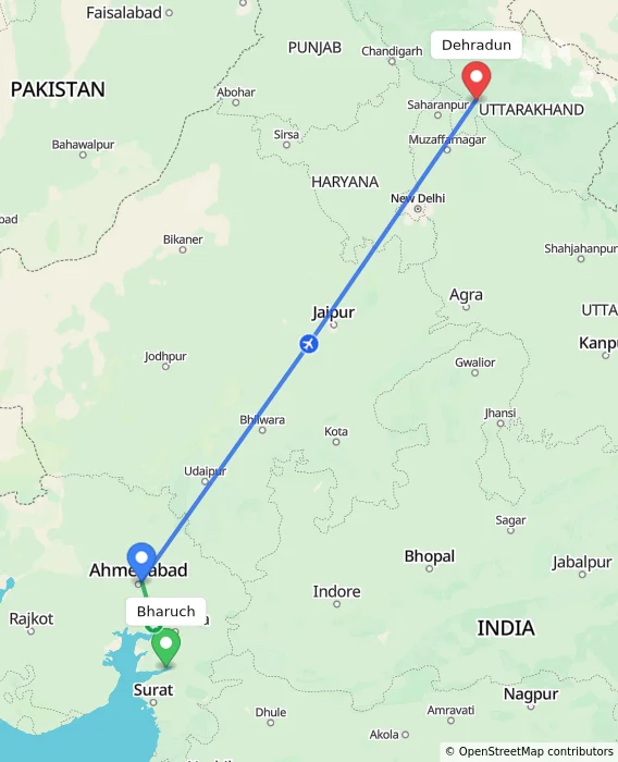 Route map showing distance and travel time from Bharuch, India to Dehradun, India