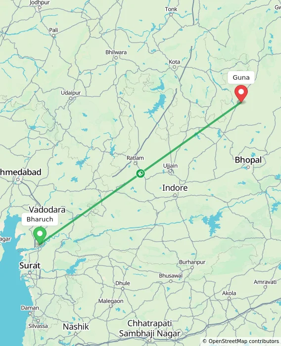 Route map showing distance and travel time from Bharuch, India to Guna, India