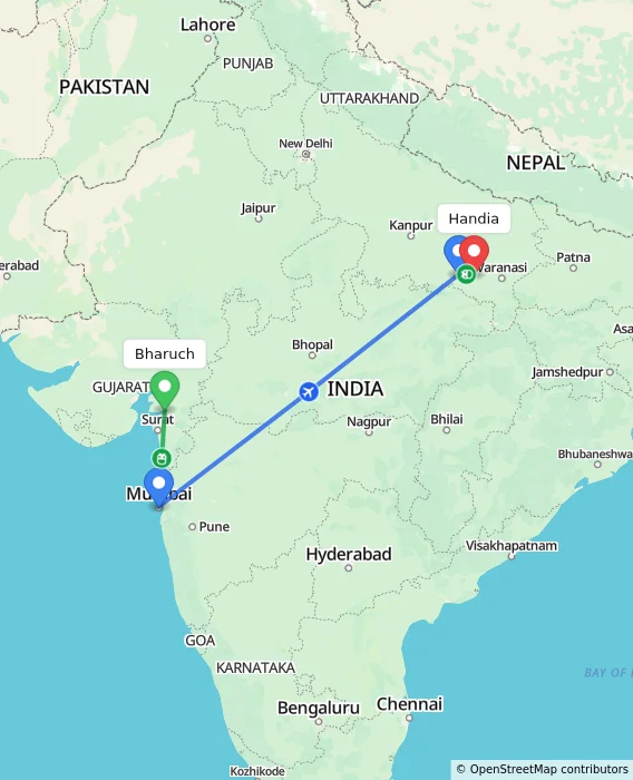 Route map showing distance and travel time from Bharuch, India to Handia, India