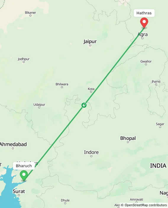 Route map showing distance and travel time from Bharuch, India to Hathras, India