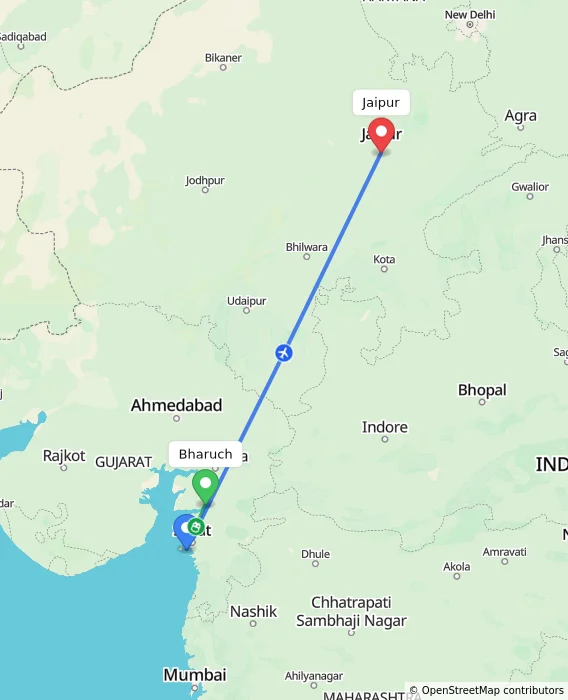 Route map showing distance and travel time from Bharuch, India to Jaipur, India