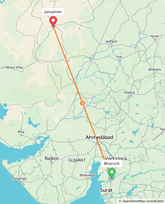 Route map showing distance and travel time from Bharuch, India to Jaisalmer, India