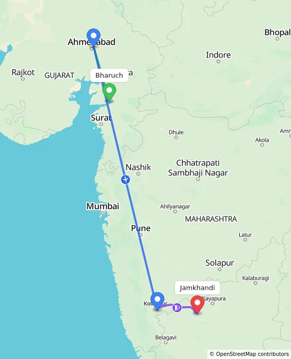 Route map showing distance and travel time from Bharuch, India to Jamkhandi, India