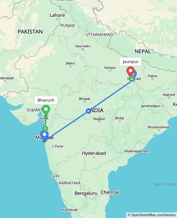Route map showing distance and travel time from Bharuch, India to Jaunpur, India