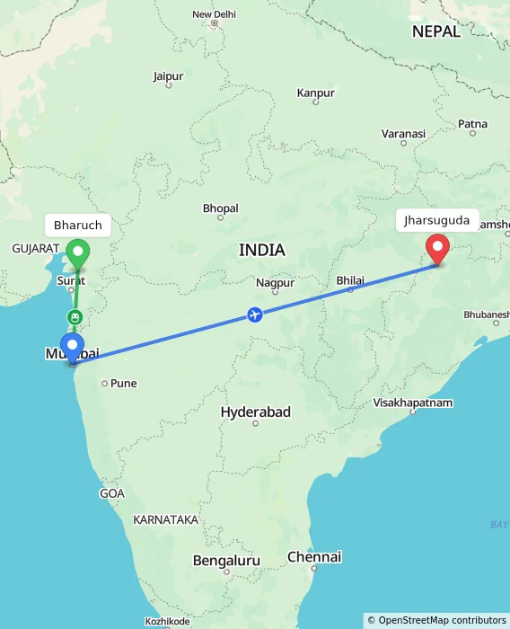 Route map showing distance and travel time from Bharuch, India to Jharsuguda, India