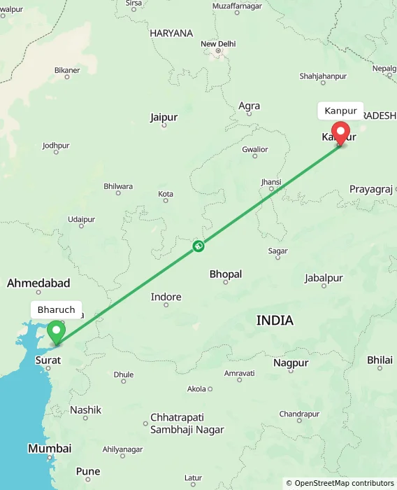 Route map showing distance and travel time from Bharuch, India to Kanpur, India