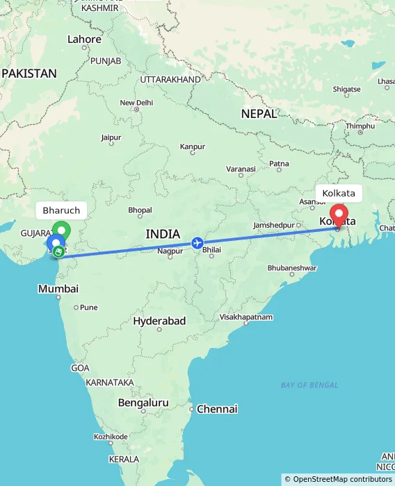Route map showing distance and travel time from Bharuch, India to Kolkata, India