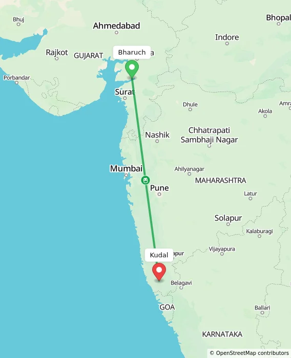 Route map showing distance and travel time from Bharuch, India to Kudal, India