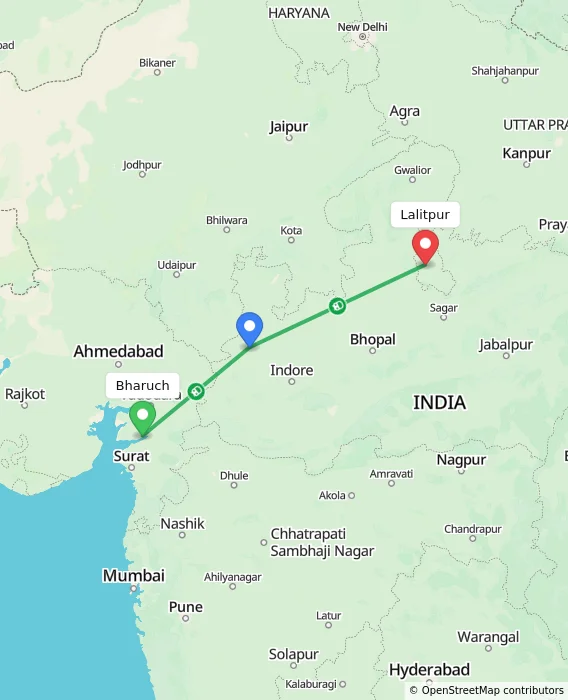 Route map showing distance and travel time from Bharuch, India to Lalitpur, India