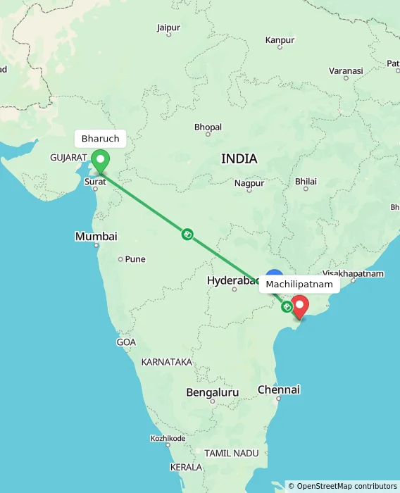 Route map showing distance and travel time from Bharuch, India to Machilipatnam, India