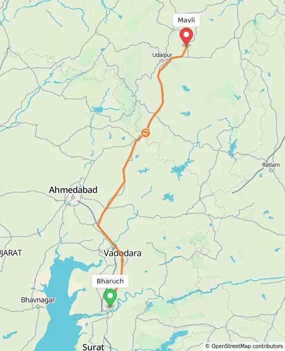 Route map showing distance and travel time from Bharuch, India to Mavli, India