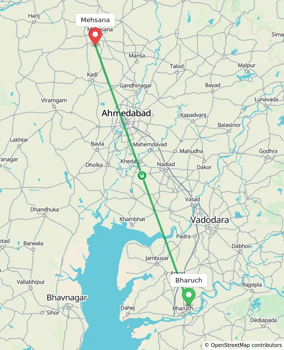 Route map showing distance and travel time from Bharuch, India to Mehsana, India