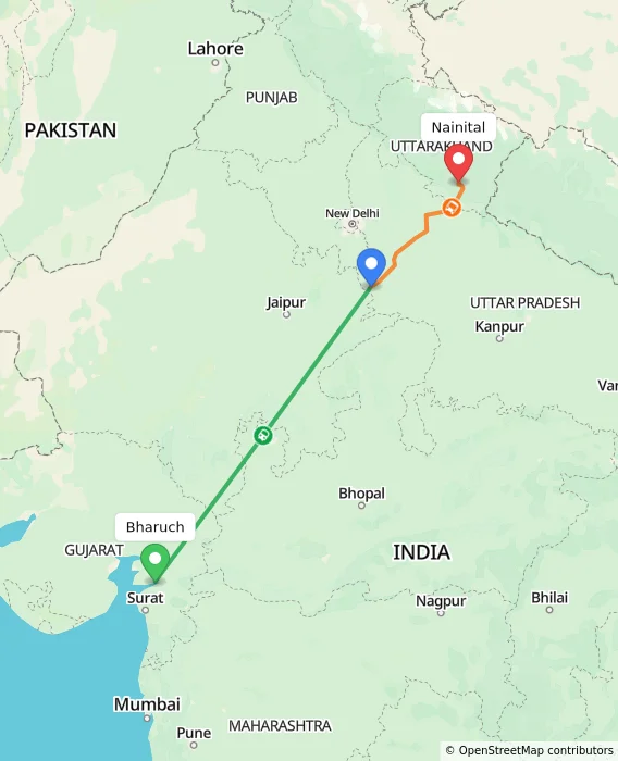 Route map showing distance and travel time from Bharuch, India to Nainital, India