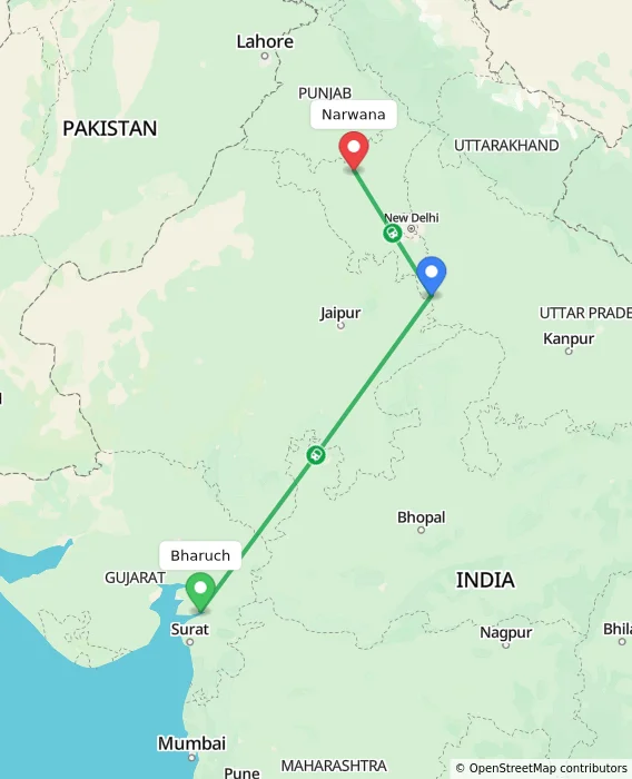 Route map showing distance and travel time from Bharuch, India to Narwana, India