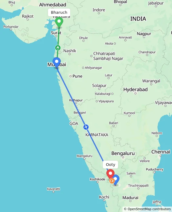 Route map showing distance and travel time from Bharuch, India to Ooty, India