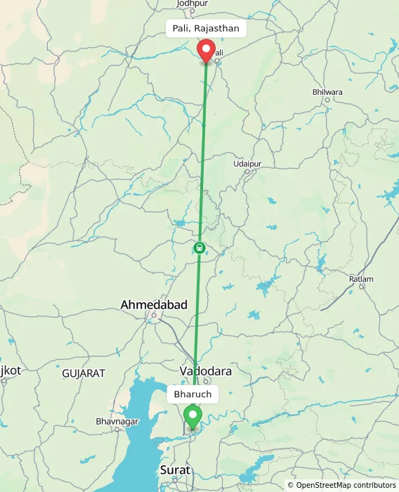 Route map showing distance and travel time from Bharuch, India to Pali, Rajasthan, India