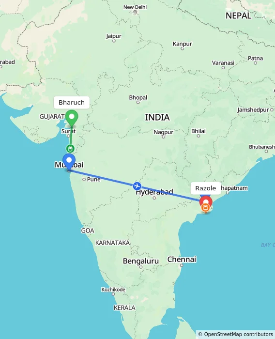 Route map showing distance and travel time from Bharuch, India to Razole, India
