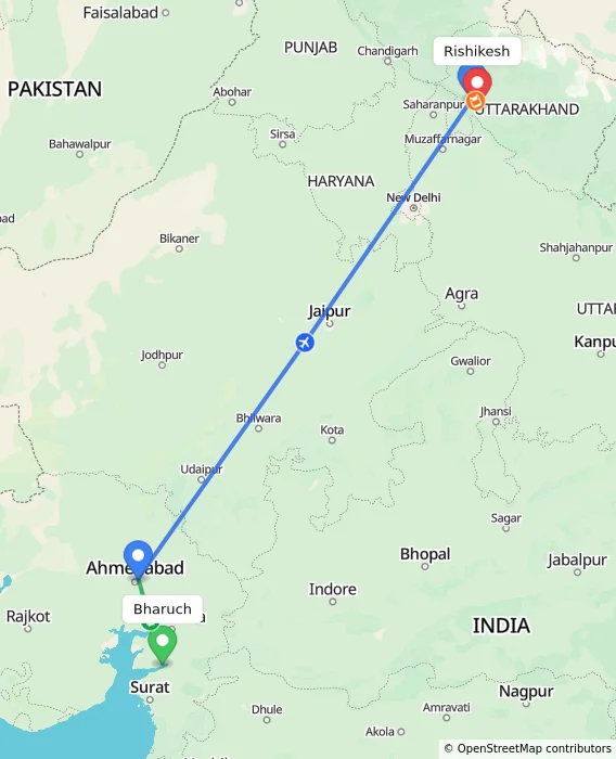 Route map showing distance and travel time from Bharuch, India to Rishikesh, India
