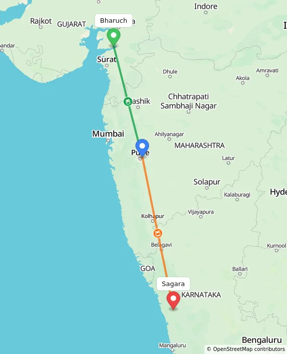 Route map showing distance and travel time from Bharuch, India to Sagara, India