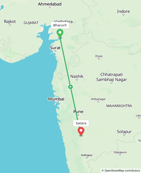 Route map showing distance and travel time from Bharuch, India to Satara, India