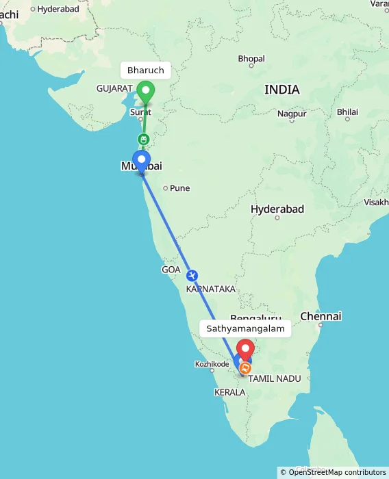 Route map showing distance and travel time from Bharuch, India to Sathyamangalam, India