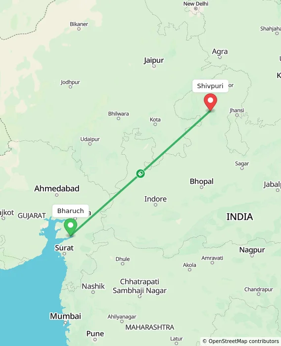 Route map showing distance and travel time from Bharuch, India to Shivpuri, India