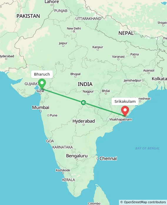 Route map showing distance and travel time from Bharuch, India to Srikakulam, India