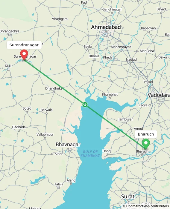 Route map showing distance and travel time from Bharuch, India to Surendranagar, India