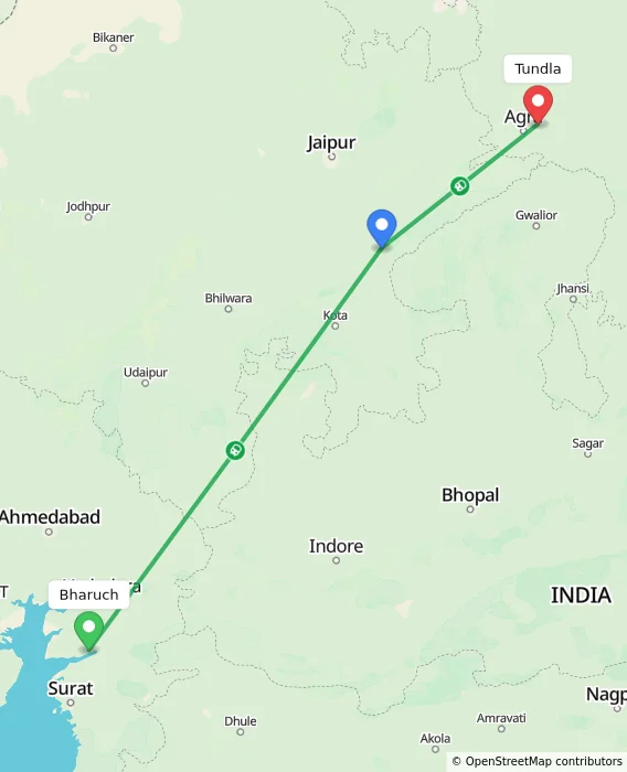 Route map showing distance and travel time from Bharuch, India to Tundla, India