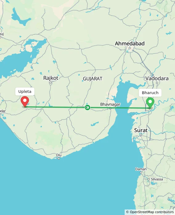 Route map showing distance and travel time from Bharuch, India to Upleta, India