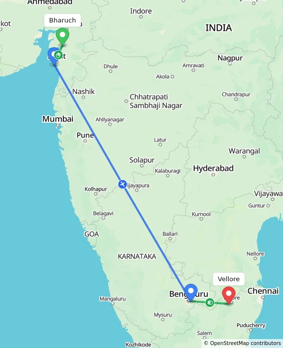 Route map showing distance and travel time from Bharuch, India to Vellore, India