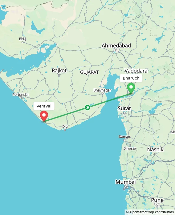 Route map showing distance and travel time from Bharuch, India to Veraval, India
