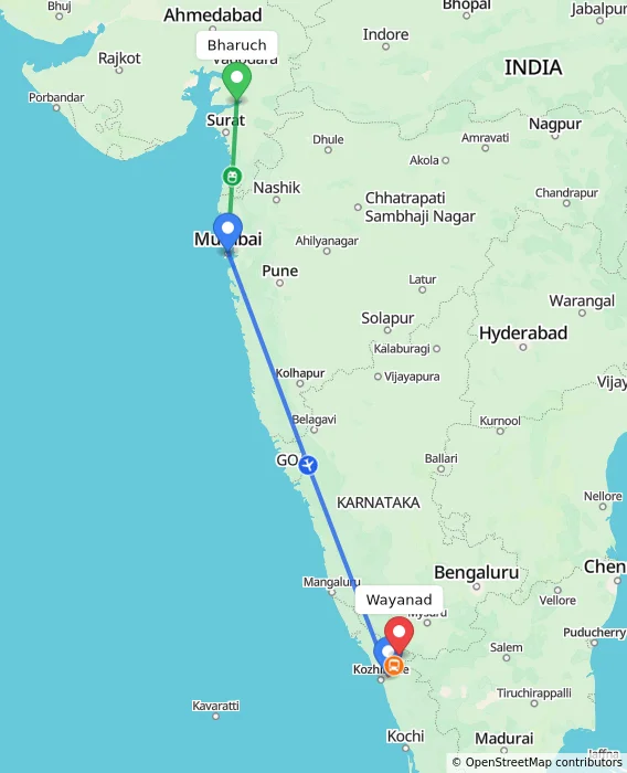 Route map showing distance and travel time from Bharuch, India to Wayanad, India